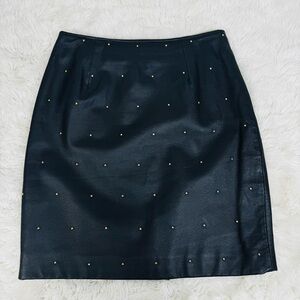 VINTAGE Black Leather Gold Studded Mini Skirt Size 8 Grunge Goth‎ Boho Sleeze